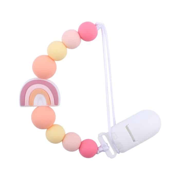 TBD0604427301A.jpg Baby Anti-Drop-Kette Schnullerclips Silikon Regenbogenperlen Schnullerhalter Nippelclip, Rainbow Pink, Rainbow Blue, Rainbow Purple – Bild 1