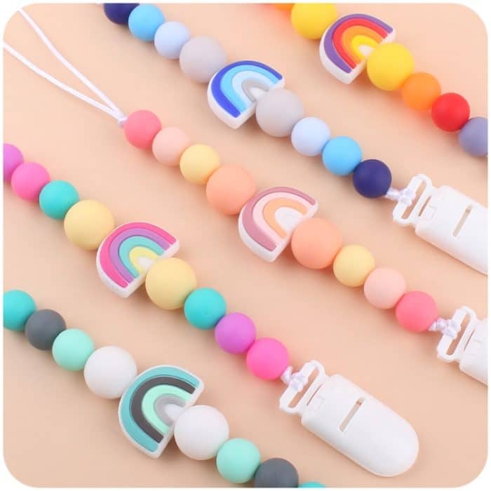 Baby Anti-Drop-Kette Schnullerclips Silikon Regenbogenperlen Schnullerhalter Nippelclip, Rainbow Pink, Rainbow Blue, Rainbow Purple – Bild 5
