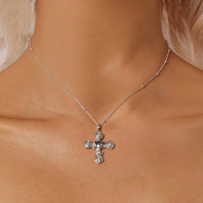 S925 Sterling Silber platinierte Rosenkreuz-Halskette für Damen – Bild 6