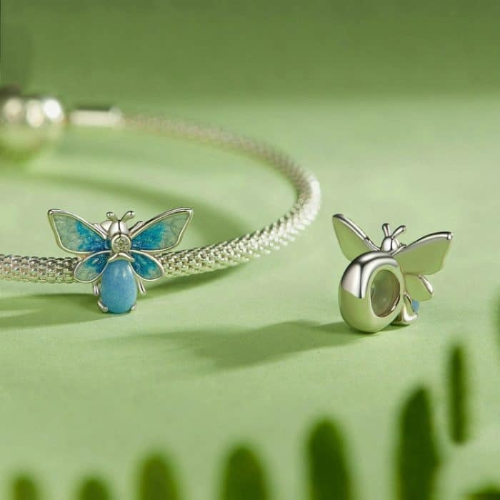 S925 Sterling Silber Zirkon leuchtend blau Farbverlauf Biene Silikon DIY Perlen – Bild 3