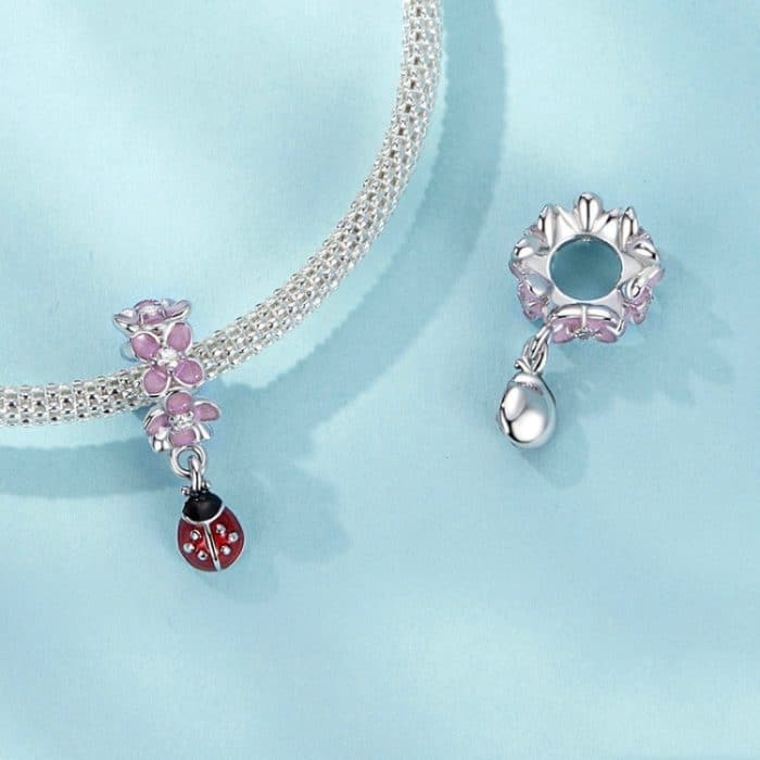 S925 Sterling Silber platinierte Blumen-Marienkäfer-DIY-Perlen – Bild 3