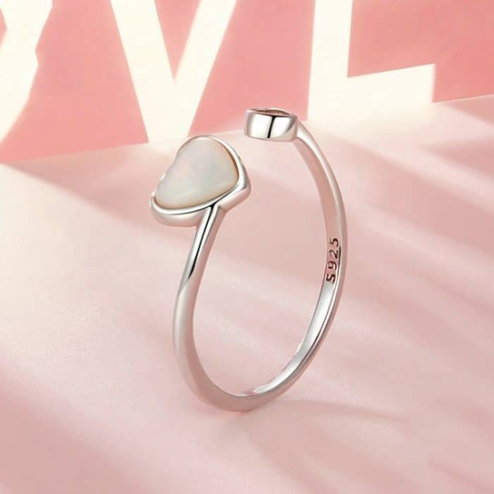 S925 Sterling Silber platiniert White Shell Love Verstellbarer offener Ring – Bild 3