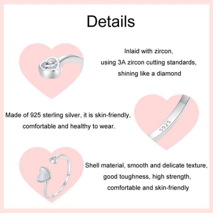 S925 Sterling Silber platiniert White Shell Love Verstellbarer offener Ring – Bild 4