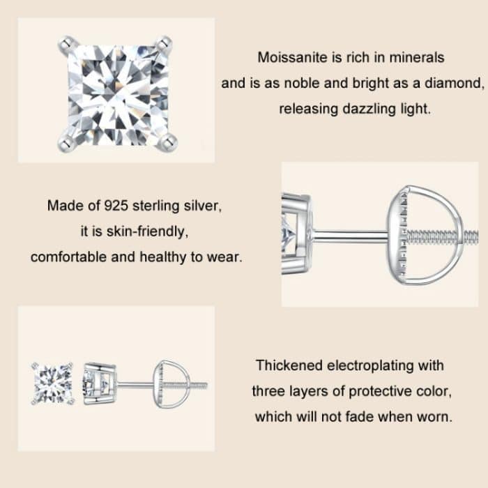 S925 Sterling Silber platinierte funkelnde quadratische Moissanit-Prinzessin-Ohrringe – Bild 7