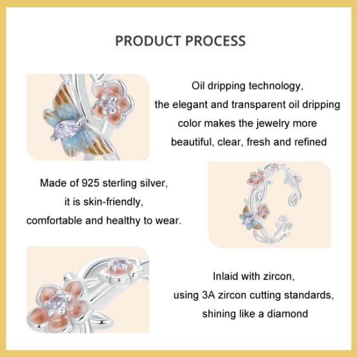 S925 Sterling Silber Romantischer Kirschblüten-Schmetterling Verstellbarer offener Ring – Bild 4