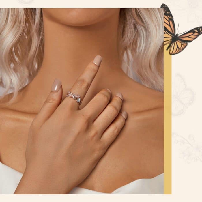 S925 Sterling Silber Romantischer Kirschblüten-Schmetterling Verstellbarer offener Ring – Bild 6