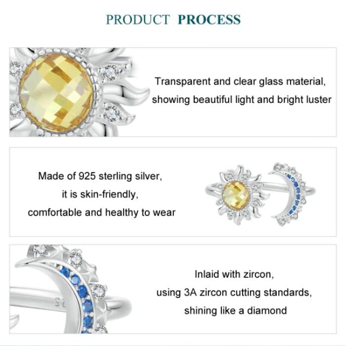 S925 Sterling Silber platinierter verstellbarer offener Sonnen- und Mondring – Bild 4