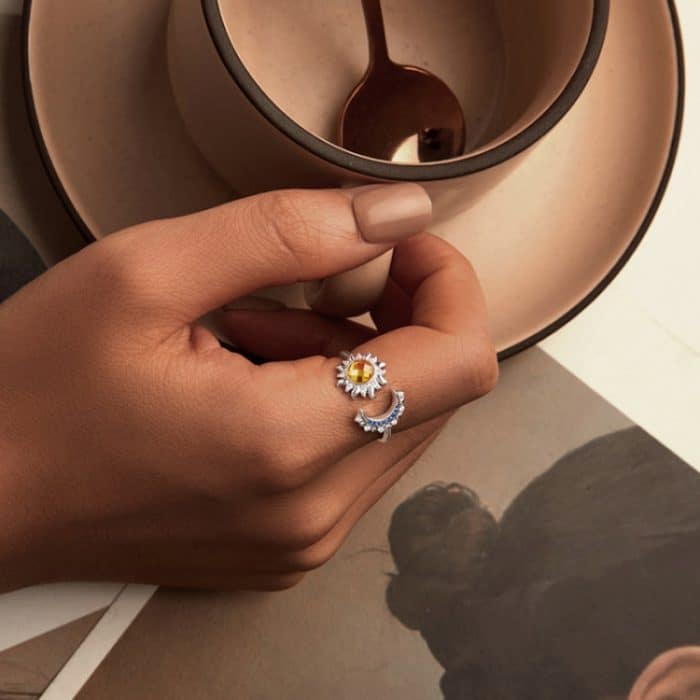 S925 Sterling Silber platinierter verstellbarer offener Sonnen- und Mondring – Bild 5