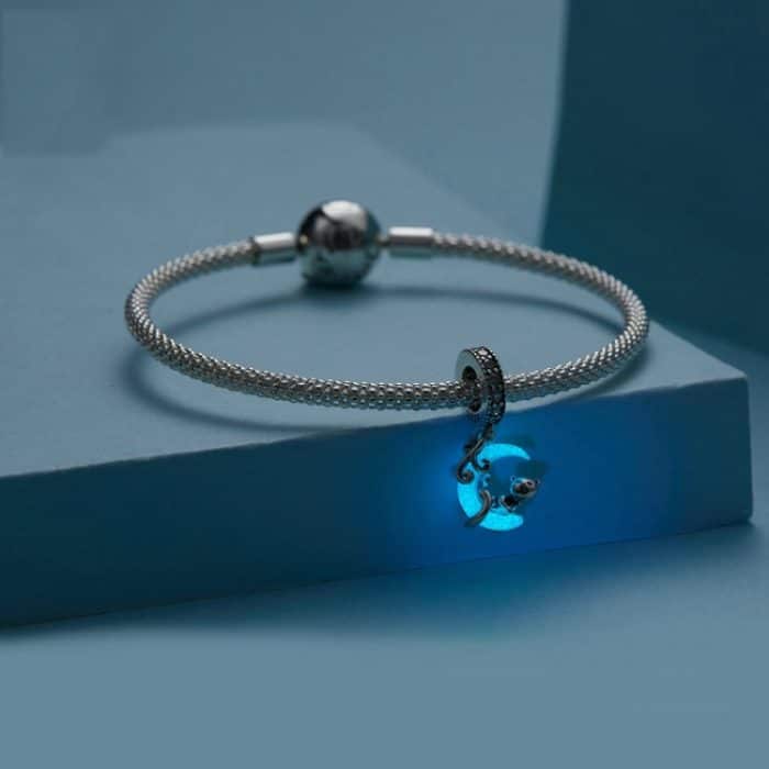 S925 Sterling Silber leuchtende süße Mondkatze DIY Anhänger Perlen – Bild 2