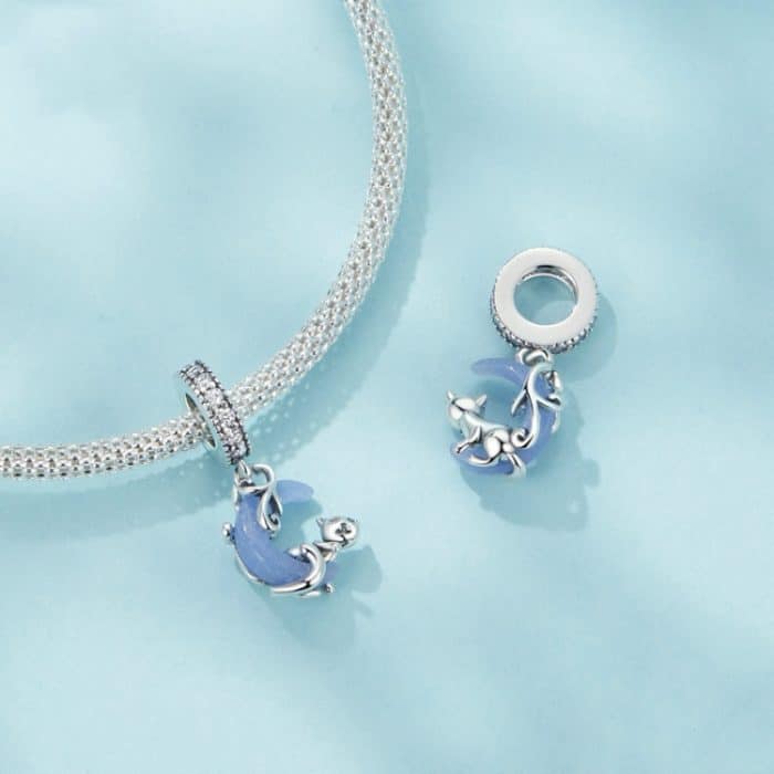 S925 Sterling Silber leuchtende süße Mondkatze DIY Anhänger Perlen – Bild 3