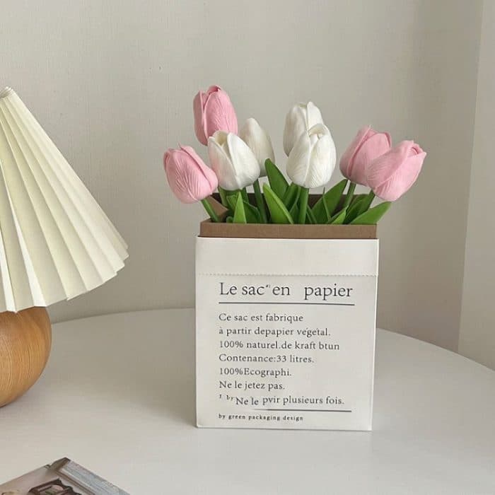 10-in-1-Tulpenstrauß mit Papiertüte, Heimdekoration, Simulationsblumen, Papiertüte, Blumen-Set-Arrangement – Bild 5