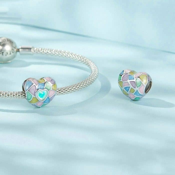 S925 Sterling Silber, platiniert, neonfarbene, herzförmige DIY-Perlen – Bild 3