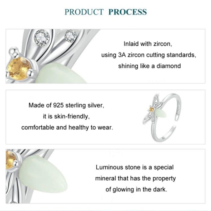 Offener verstellbarer Ring mit leuchtender Biene aus S925-platiniertem Sterlingsilber – Bild 4