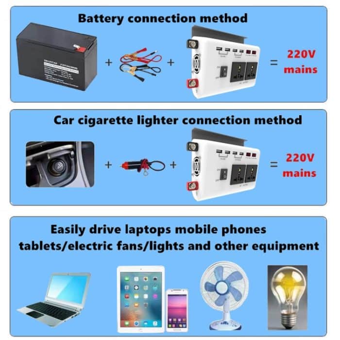 DC 12 V auf AC 220 V Auto-Wechselrichter, Doppelsteckdose, 4 USB – Bild 8