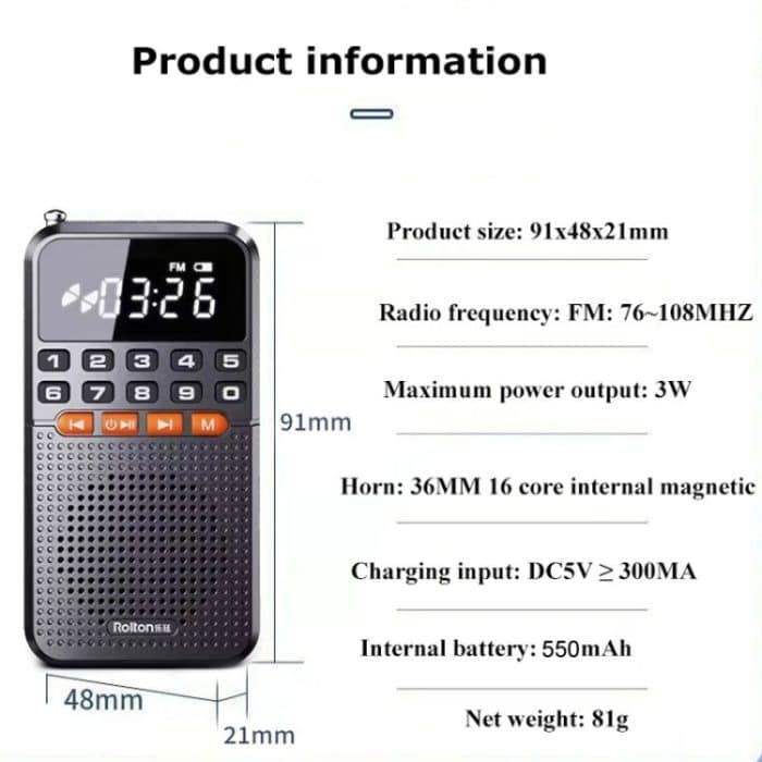 Rolton T1 Tragbarer Radioempfänger, alte Leute, singender Opernspieler, Mini-Stereo-Walkman – Bild 3