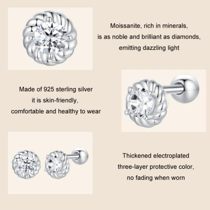 S925 Sterling Silber Gewinde Runde Moissanite Ohrringe – Bild 4