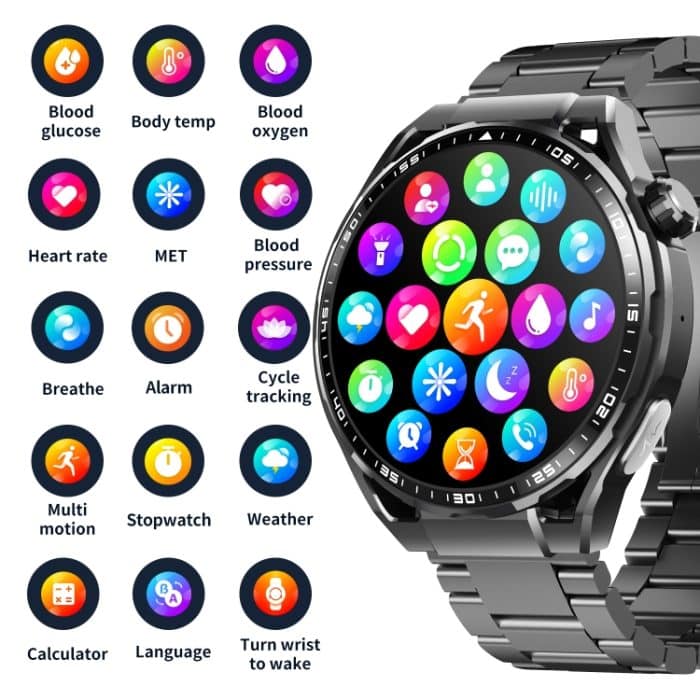 F200 Smart Health Watch EKG Elektrokardiogramm Blutzuckerüberwachung 1,55 Zoll runder Bildschirm, Black Silicone, Black Leather, Black Brown Leather, Black Milan, Black 3-Beads Steel, Black Bamboo, Black Gray Silicone – Bild 5