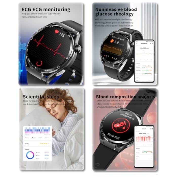 F200 Smart Health Watch EKG Elektrokardiogramm Blutzuckerüberwachung 1,55 Zoll runder Bildschirm, Black Silicone, Black Leather, Black Brown Leather, Black Milan, Black 3-Beads Steel, Black Bamboo, Black Gray Silicone – Bild 8