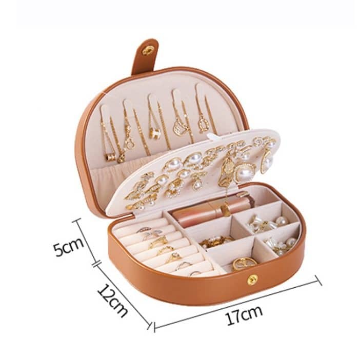 Doppelschichtige PU-Schmuckaufbewahrungsbox, halbrunde, tragbare Ohrring-Halsketten-Ring-Organizer-Box – Bild 8