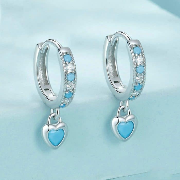 S925 Weiß-überzogene Retro Herz-förmigen Blau Türkis Ohrringe – Bild 2