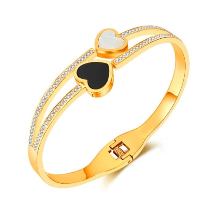 Edelstahl-Doppelherz-Armband mit schwarzem und weißem Muscheltemperament – Bild 1