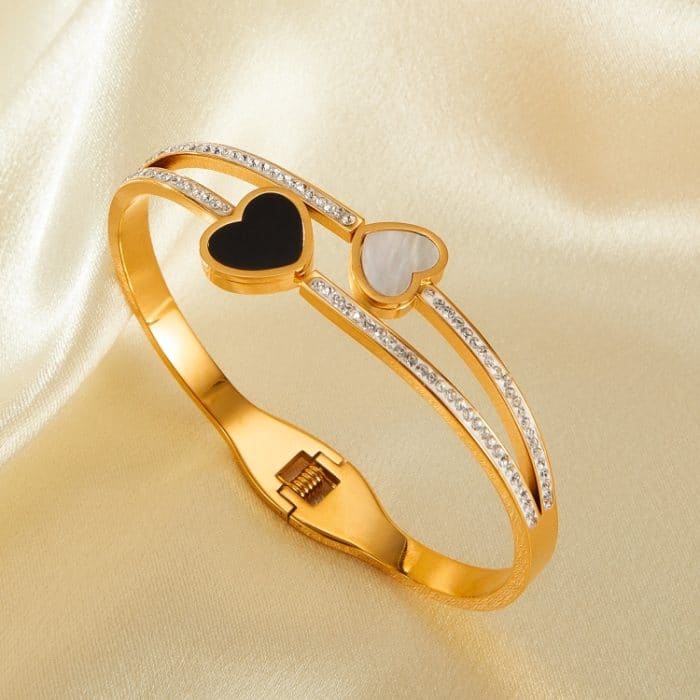 Edelstahl-Doppelherz-Armband mit schwarzem und weißem Muscheltemperament – Bild 3