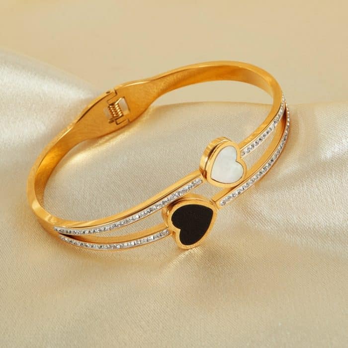 Edelstahl-Doppelherz-Armband mit schwarzem und weißem Muscheltemperament – Bild 4