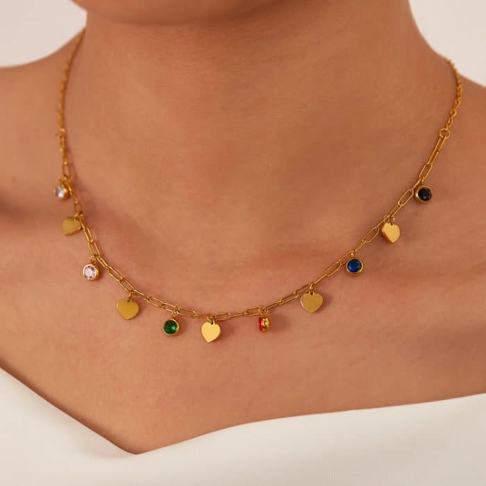Halskette mit Herzanhänger aus Edelstahl und buntem Zirkonia – Bild 2