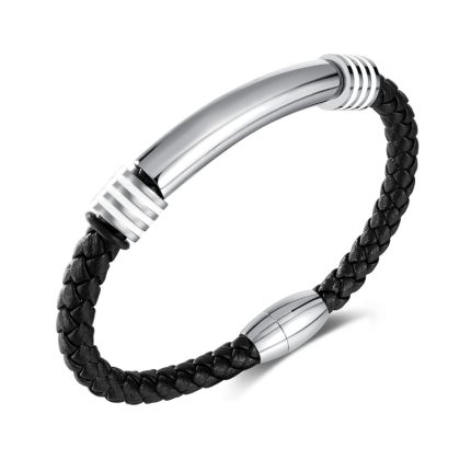 OPK PH1586 Einfaches Herren-Lederarmband mit Edelstahl-Magneteinsatz und Schnalle
