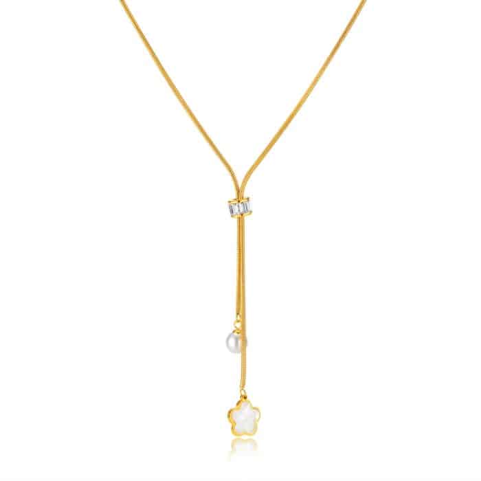 TBD0605169001.jpg Schlichte Halskette mit Quaste und Blumenperlenanhänger aus Edelstahl – Bild 1