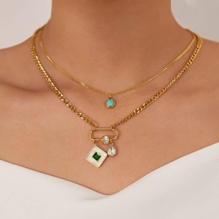 Doppellagige Halskette mit quadratischem Anhänger aus Edelstahl – Bild 5