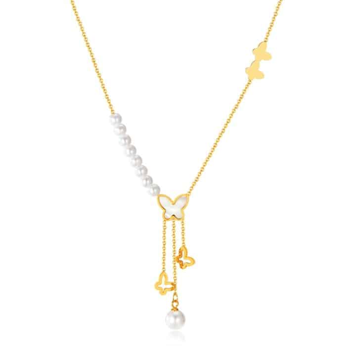 Vintage Hohl Schmetterling Quaste Perle Anhänger Edelstahl Halskette – Bild 1