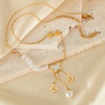 Vintage Hohl Schmetterling Quaste Perle Anhänger Edelstahl Halskette – Bild 2