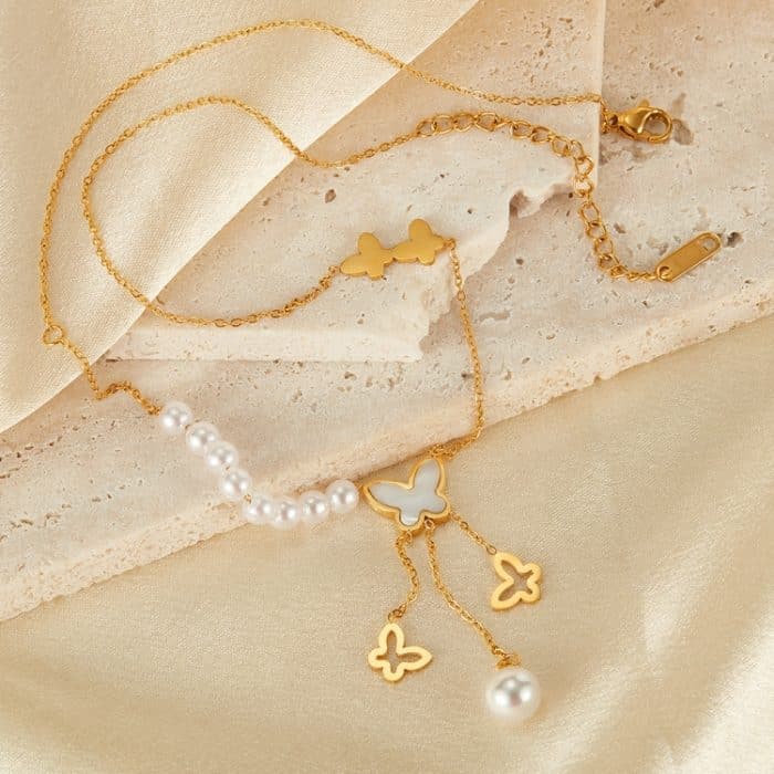 Vintage Hohl Schmetterling Quaste Perle Anhänger Edelstahl Halskette – Bild 2