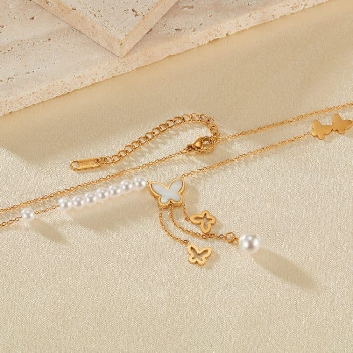 Vintage Hohl Schmetterling Quaste Perle Anhänger Edelstahl Halskette – Bild 3