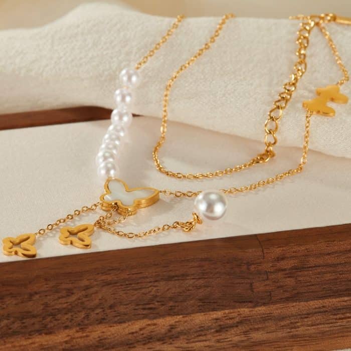 Vintage Hohl Schmetterling Quaste Perle Anhänger Edelstahl Halskette – Bild 4