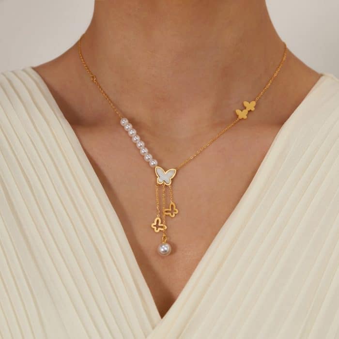 Vintage Hohl Schmetterling Quaste Perle Anhänger Edelstahl Halskette – Bild 5