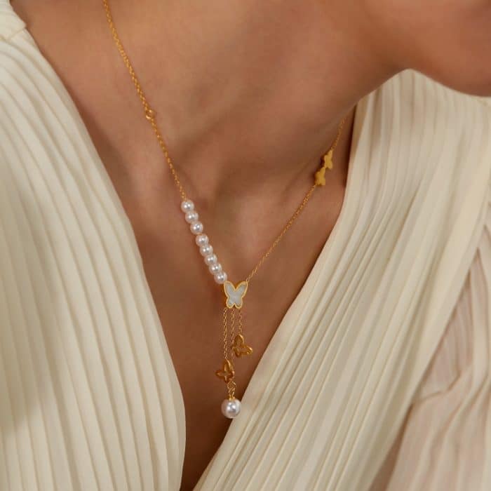 Vintage Hohl Schmetterling Quaste Perle Anhänger Edelstahl Halskette – Bild 6