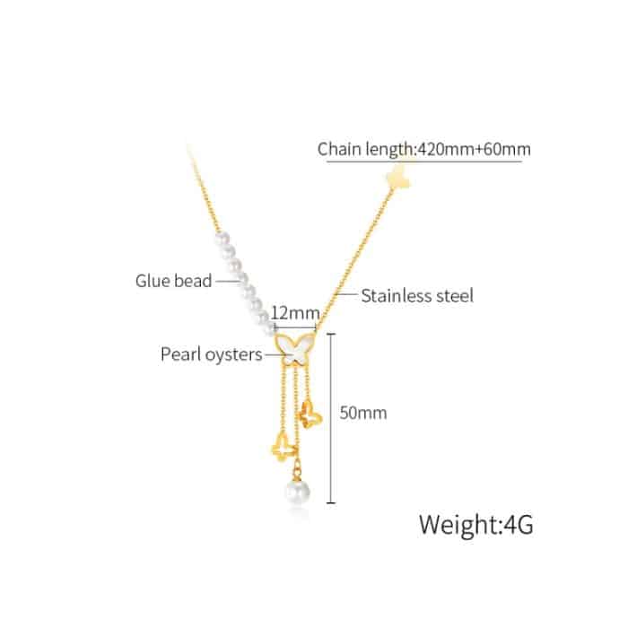 Vintage Hohl Schmetterling Quaste Perle Anhänger Edelstahl Halskette – Bild 7