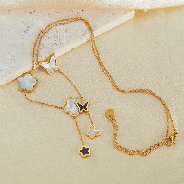 OPK GX2439 Edelstahl Schmetterling Blume Quaste Anhänger Knochen Kette – Bild 2