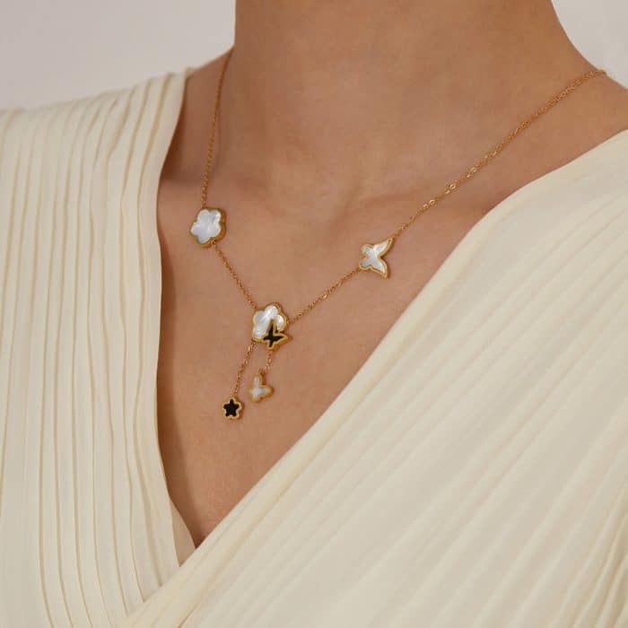 OPK GX2439 Edelstahl Schmetterling Blume Quaste Anhänger Knochen Kette – Bild 5