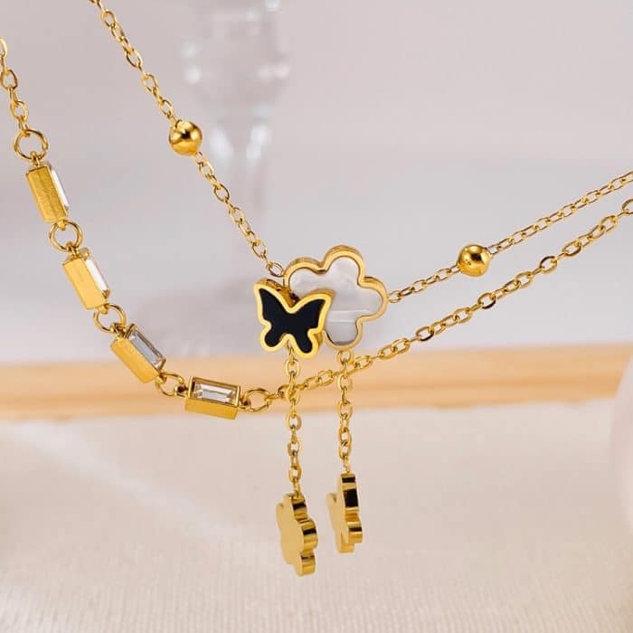 OPK GZ192 Einfache, zarte Fußkettchen aus Edelstahl mit Quaste, Schmetterling und Blume, doppellagig – Bild 3