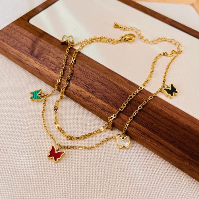 OPK GZ190 Fußkettchen aus Edelstahl mit doppelter Kette und Schmetterlingsmotiv, kleines Accessoire – Bild 2