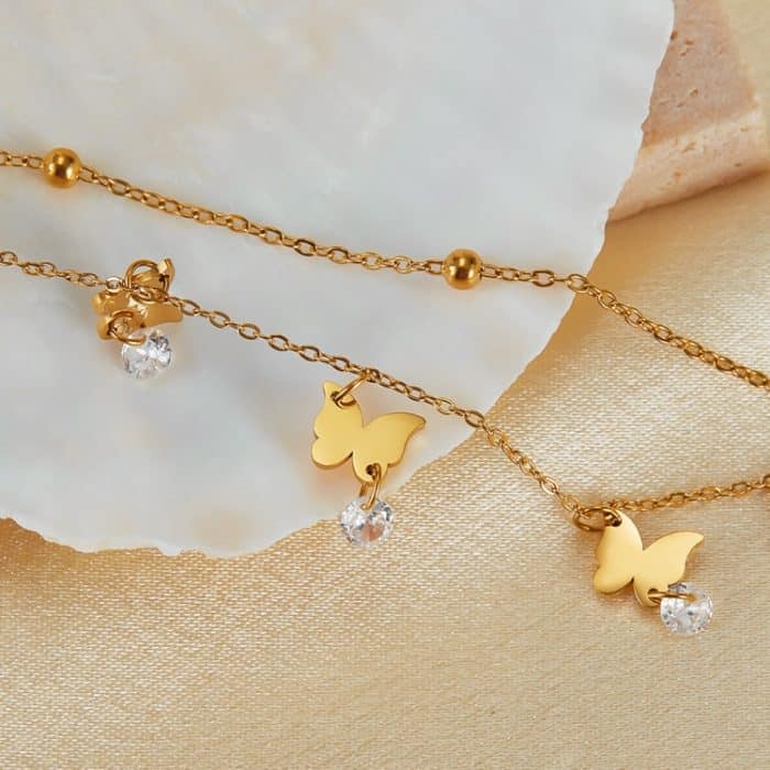 OPK GZ200 Doppellagige Fußkettchen mit Schmetterlingsmotiv aus Edelstahl – Bild 3