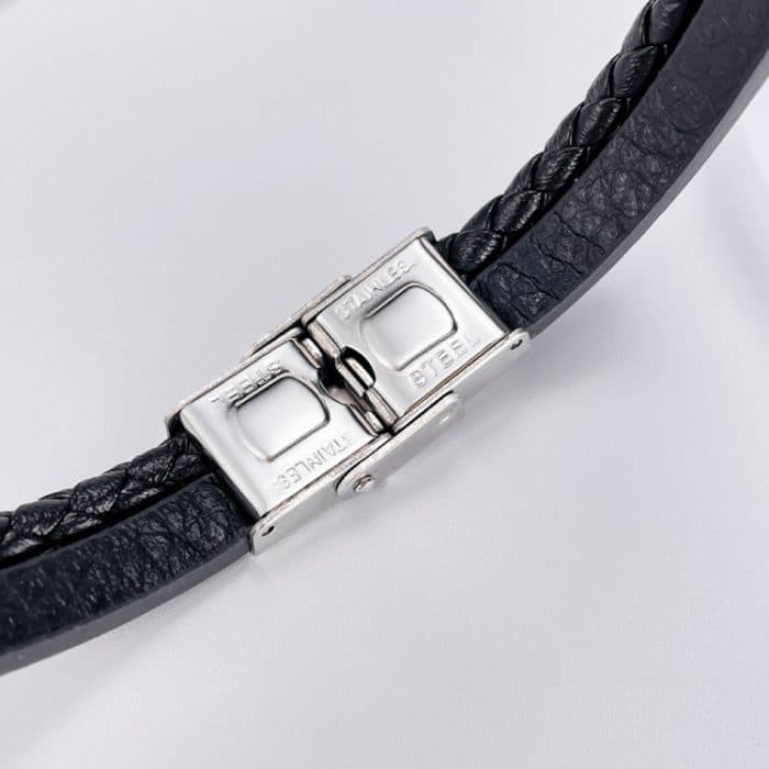 Minimalistisches, glänzendes, doppelt geflochtenes Lederarmband aus Edelstahl – Bild 4