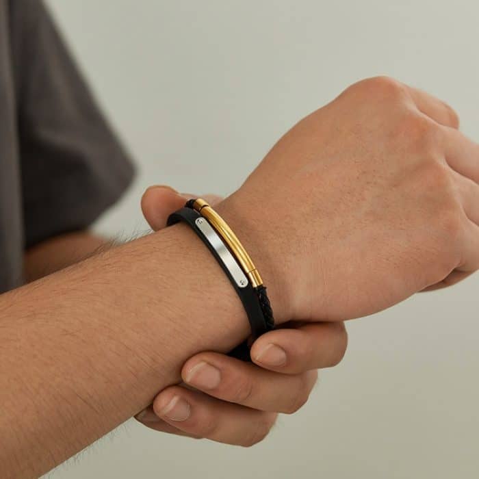 Minimalistisches, glänzendes, doppelt geflochtenes Lederarmband aus Edelstahl – Bild 5
