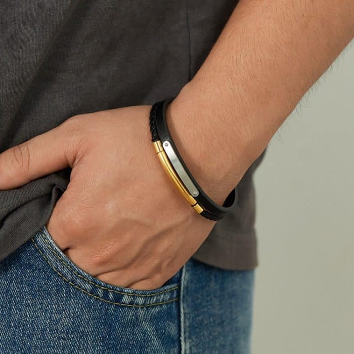 Minimalistisches, glänzendes, doppelt geflochtenes Lederarmband aus Edelstahl – Bild 6