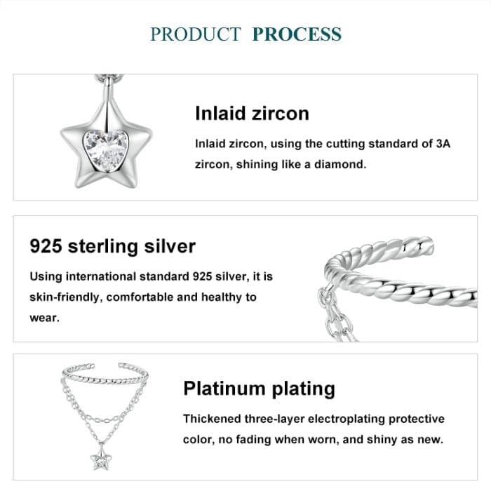 S925 Sterling Silber Kette Quaste Stern offener Ring – Bild 4