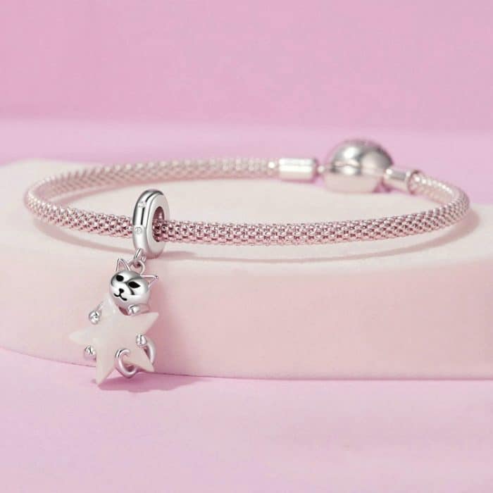 S925 Sterling Silber Platiniert Niedlich Katze Stern Leuchtender Anhänger – Bild 5