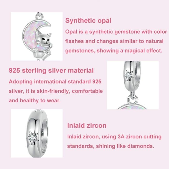 S925 Sterling Silber plattiert Platin Fantasy Mond süße Katze Anhänger – Bild 4